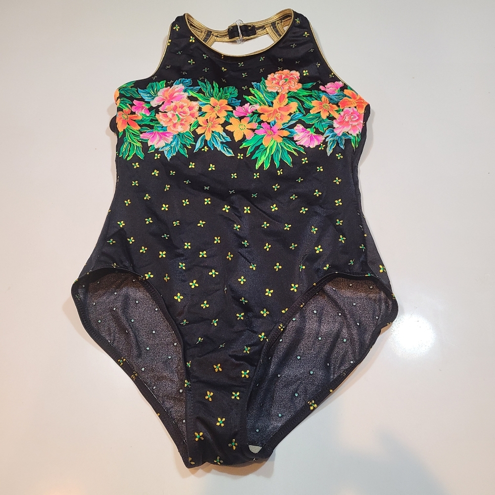 Le Cove Black Floral Vintage One-Piece Swimsuit in Size 14